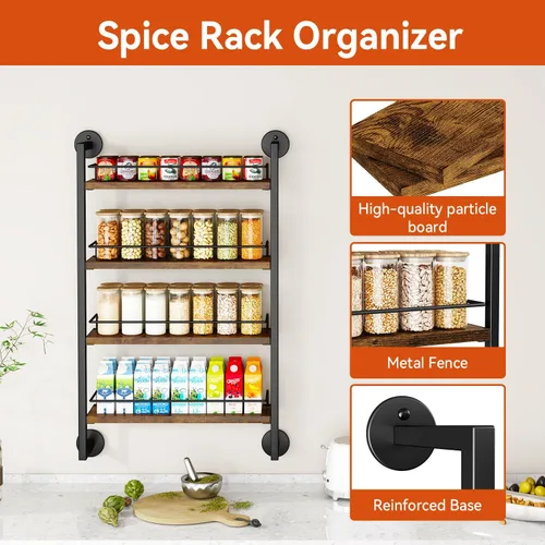 Miniatura 6 de IBUYKE Estante para Especias de Pared, Organizador Colgante de Condimentos de 4 Niveles, Estante Grande para Pared para hasta 50 Frascos, Marrón