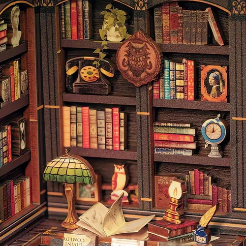 Miniatura 3 de Hands Craft Kit de bricolaje en miniatura para rincón de libros, librería de búhos, encantadora biblioteca nocturna, diseño caprichoso, encanto