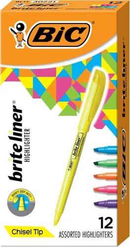 BIC Brite Liner - Resaltadores, punta de cincel, paquete de 12 resaltadores de colores surtidos, juego de resaltadores ideal para organizar y