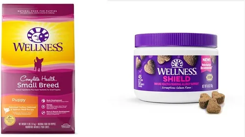 Wellness Complete Health - Paquete de alimentos para cachorros de raza pequeña + suplementos: alimento seco para perros con granos (pavo, salmón y