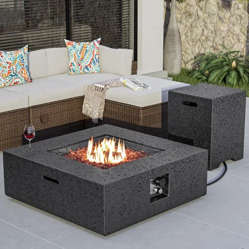 Miniatura 27 de COSIEST mesa cuadrada de propano para exteriores de arenisca con protector contra el viento, certificada, quemador de acero inoxidable de 50,000