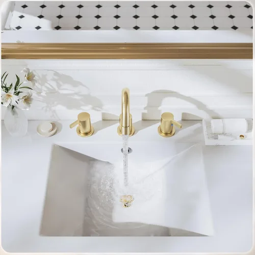 Miniatura 8 de Phiestina Grifo de lavabo de baño de 3 agujeros generalizado de oro cepillado, juego de llave de baño de 8 pulgadas con drenaje emergente de metal