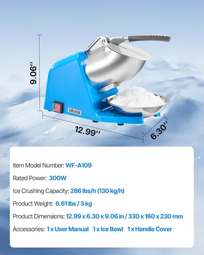 Miniatura 7 de VEVOR Máquina Trituradora de Hielo, 286 libras por hora, Fabricadora Eléctrica de Conos de Nieve de 4 Cuchillas, Máquina de Hielo Raspado de Acero