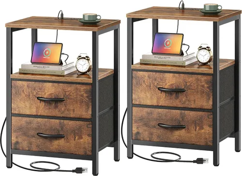Miniatura 17 de Huuger - Mesita de noche con estación de carga, mesa auxiliar con 2 cajones de tela, mesa de centro con estante abierto, mesita de cama con puerto