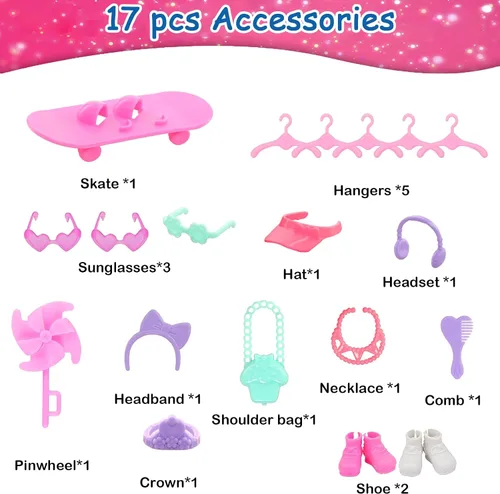 Miniatura 5 de 26 piezas para ropa y accesorios de muñeca pequeña de 6 pulgadas, incluyen 4 camisetas, 4 pantalones, 4 vestidos, 2 zapatos, lentes de sol rosas, 1