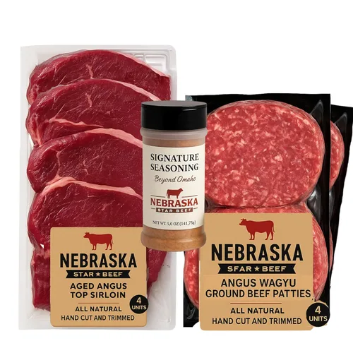 Carne de res Angus envejecida de lomo superior y hamburguesas de carne molida de Nebraska Star Beef - Todo natural, cortada y recortada a mano e