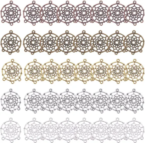 Miniatura 13 de SUNNYCLUE 1 caja de 64 piezas surtidas de lámparas de araña, estilo tibetano, bronce antiguo, atrapasueños, aretes, hallazgos, bucles, conectores