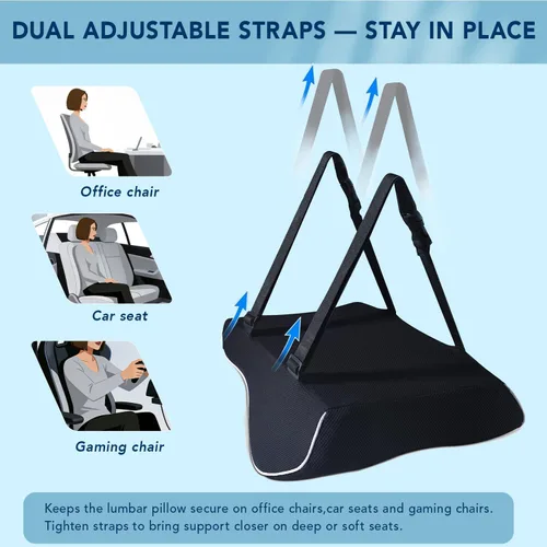 Miniatura 6 de Almohada de apoyo lumbar para silla de oficina y asiento de automóvil, cojín ergonómico de espuma viscoelástica con correas ajustables dobles, malla