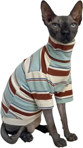 Miniatura 10 de Camisa de algodón con cuello redondo para gatos sin pelo Sphynx de rayas vintage, ropa para mascotas con mangas, camisetas para gatitos para Sphynx