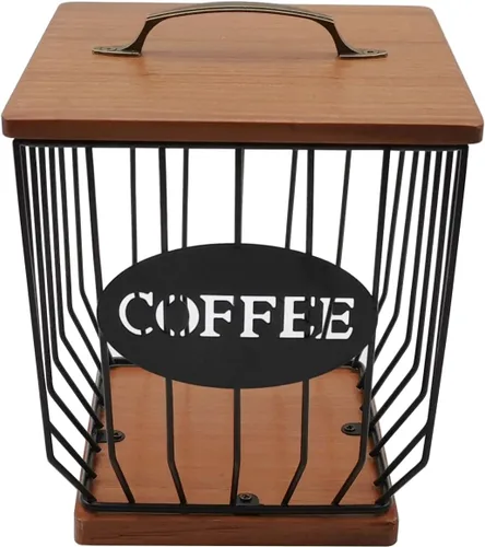 Soporte cuadrado para cápsulas de café con tapa y base de madera, cesta de almacenamiento de cápsulas de café de alambre de gran capacidad para