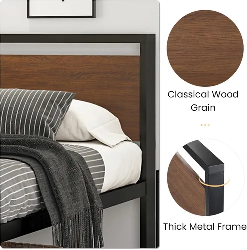 Miniatura 5 de SHA CERLIN Base de cama de plataforma de metal tamaño Queen de 14 pulgadas con cabecero y estribo de madera, base de colchón, no necesita somier