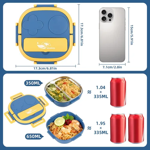 Miniatura 3 de Pequeña mini caja Bento o caja de aperitivos con 3 compartimentos extraíbles de acero inoxidable y cubiertos para bebé de 0 a 24 meses, a prueba