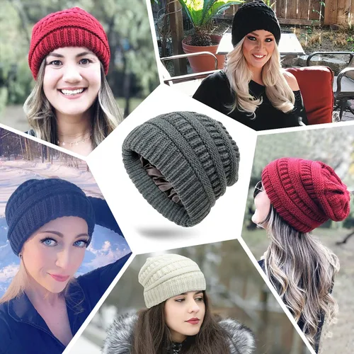 Miniatura 7 de Muryobao Gorro de punto cálido para mujer, de satén con forro de seda de punto, grueso y holgado