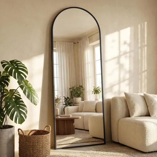 Espejo de suelo, 58 x 18 pulgadas, espejo de longitud completa con soporte para dormitorio, sala de estar, color negro