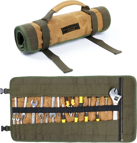 Miniatura 9 de Rollo de almacenamiento de herramientas, lona encerada resistente de 16 onzas, bolsa de herramientas enrollable (23 bolsillos y asa portátil)