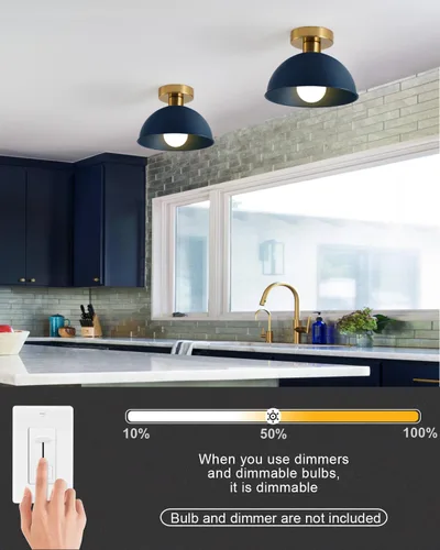 Miniatura 5 de Lámpara de techo industrial semiempotrada con placa dorada y pantalla azul, lámpara de techo de granja para cocina, isla, comedor, vestíbulo