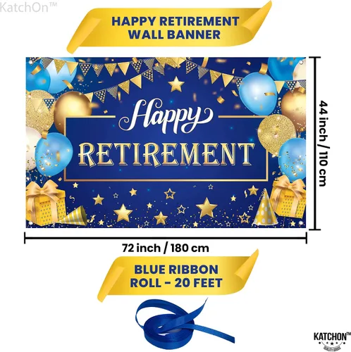 Miniatura 4 de KatchOn Cartel de feliz jubilación extra grande de 72 x 44 pulgadas, decoraciones azules y doradas, telón de fondo para fiesta, decoraciones