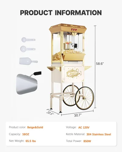 Miniatura 6 de Máquina de palomitas de maíz comercial mejorada de 16 onzas con carrito, máquina grande de palomitas de maíz que hace hasta 80 tazas, máquina