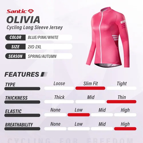 Miniatura 5 de Santic Camiseta de ciclismo de manga larga para mujer, chaqueta de bicicleta con bolsillos