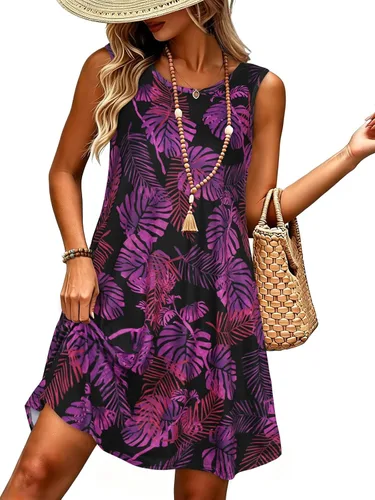 Miniatura 11 de elescat Vestidos de verano para mujer 2025, vestido casual de playa sin mangas con estampado floral, tipo camiseta, suelto y con bolsillos