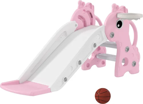 Miniatura 11 de Qaba Tobogán para niños pequeños con escalador, aro de básquetbol y pelota, tobogán para interiores con diseño de jirafa, equipo de juego Azul