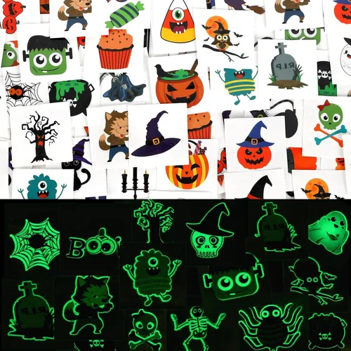 JUNEBRUSHS Tatuajes temporales de Halloween para niños, 180 piezas de 1.6 pulgadas que brillan en la oscuridad, calcomanías de seguridad para