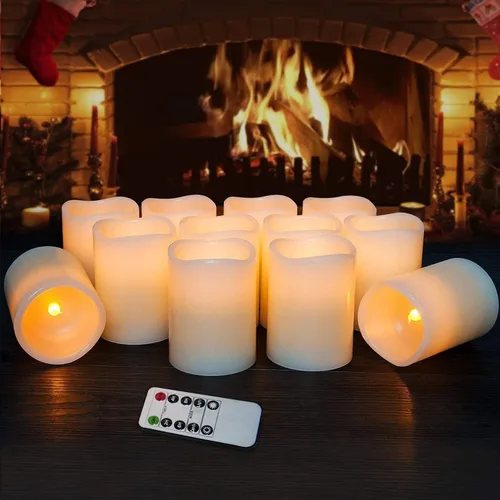 Miniatura 2 de Hausware Velas sin llama, a batería, juego de 12 (D: 7,62 cm x A: 10,16 cm) Velas de cera real, pilar titilante, velas LED sin llama con control