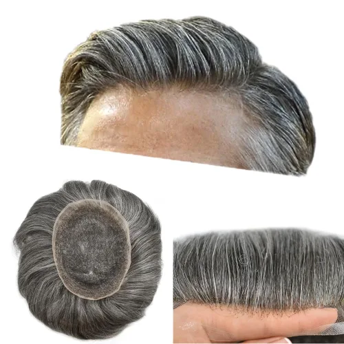 Miniatura 53 de Toupee para hombres Piezas de cabello humano real, encaje francés completo para hombres, pieza de cabello, nudos blanqueados, línea capilar natural