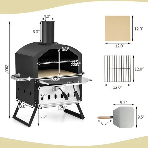 Miniatura 9 de COSTWAY Horno de Pizza de Picnic para Exteriores, Piedra de Fuego de Leña con Pala, Cubierta Impermeable, Patas Plegables, Fabricador de Pizza