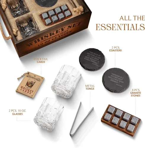 Miniatura 5 de Mixology & Craft Jameson - Juego de regalo de whisky, juego de vasos de whisky con caja de madera rústica, 8 piedras de granito para whisky, vasos