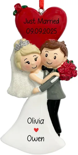 Miniatura 6 de Adorno personalizado de nuestro primer matrimonio de Navidad 2026 Pareja recién casada en auto de boda vintage para árbol de Navidad Regalo