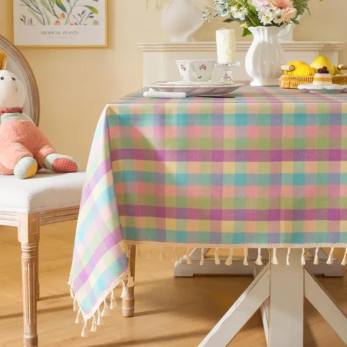 Miniatura 16 de Laolitou - Mantel a cuadros cuadrado lavable, resistente, de lino de algodón, a cuadros de búfalo, con borla, mantel de gingham para primavera
