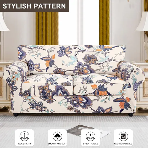 Miniatura 2 de SearchI - Funda de sofá elástica con estampado floral, 3 piezas, incluye 2 fundas de cojín independientes, protector lavable para muebles de sala