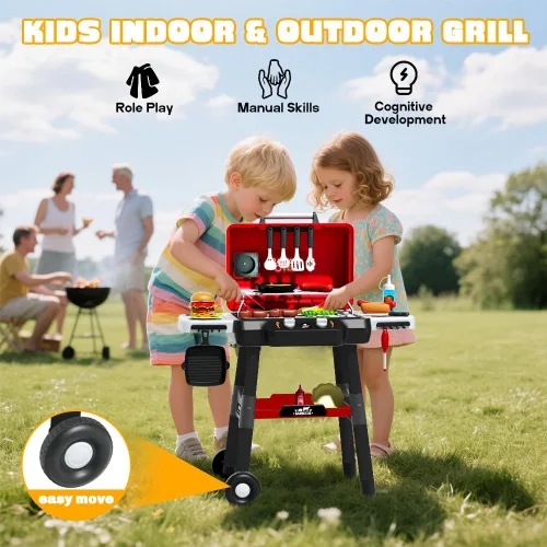 Miniatura 6 de Juego de Parrilla para Niños, Parrilla de Juguetes BBQ con Sonido de Humo, Luz y Rueda, Juguetes de Cocina de Simulación Movibles para Niños
