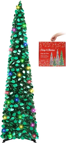 Miniatura 10 de MACTING Árbol de Navidad desplegable con 50 luces LED con temporizador, 5 pies, árbol de lápiz de oropel plegable de fácil montaje, árbol artificial