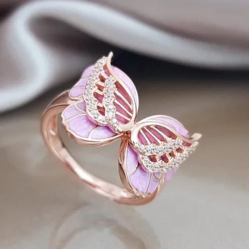 Miniatura 2 de Anillo de mariposa rosa con incrustaciones de circonita para mujer, anillo elegante de joyería vintage