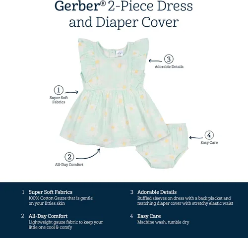 Miniatura 6 de Gerber Conjunto de 2 piezas de vestido y funda para pañales para niñas