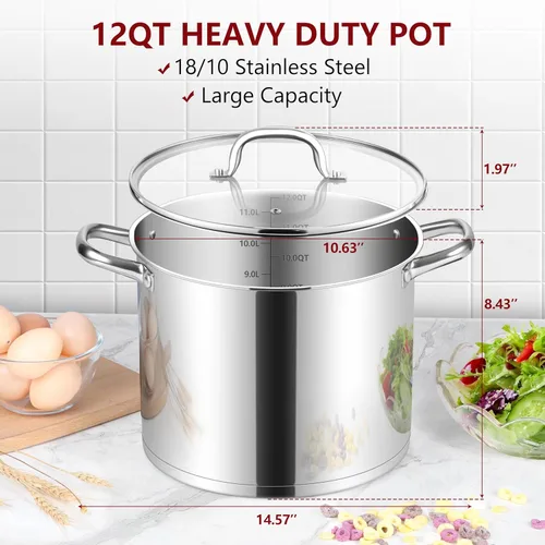 Miniatura 2 de Herogo Olla de acero inoxidable 18/10 de 12 cuartos de galón con tapa, olla grande y resistente compatible con cocinas eléctricas, de gas