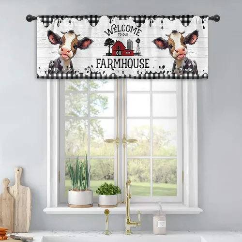 Miniatura 3 de Cortinas de cocina rústica Cinbloo de 52 pulgadas de ancho x 18 pulgadas de alto, bolsillo para barra, diseño de vaca occidental, cenefa campestre