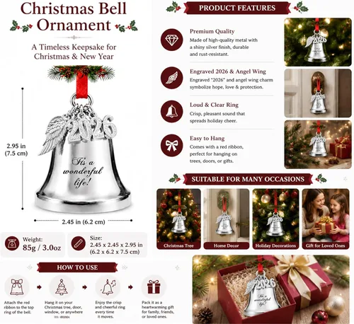 Miniatura 3 de JUPPE Adornos de campana de Navidad grabados en plata 2025 con texto en inglés "It's A Wonderful Life" para árbol de Navidad, boda, aniversario