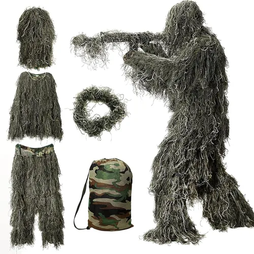 DoCred Traje Ghillie 5 en 1, ropa de caza de camuflaje 3D con chaqueta, pantalones, capucha, bolsa de transporte para adultos/jóvenes, S/M/L/XL/XXL