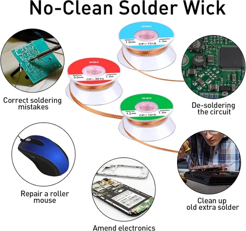 Miniatura 3 de Hotop 6 mechas de soldadura trenzadas de 5 pies con fundente, no limpias, trenzadas para reparación de componentes electrónicos, placa de circuito