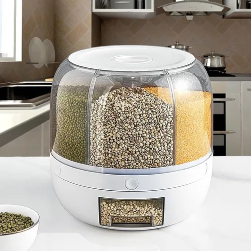 Miniatura 7 de Dispensador de granos giratorio de 360°, caja de almacenamiento de dispensador de cereales de 6 rejillas, barril de alimentos secos de grano de 22