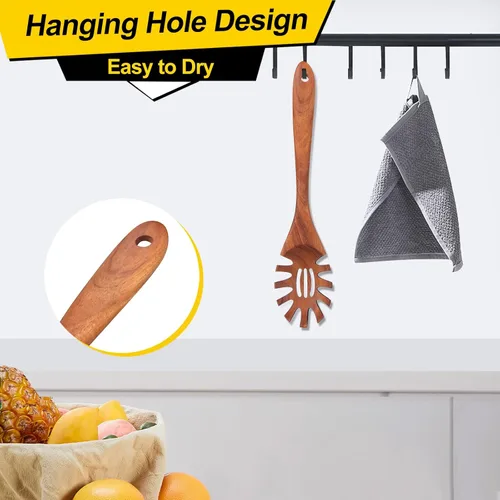 Miniatura 4 de Cuchara de madera para pasta con dientes, tenedor de espagueti, tenedores de pasta de 12.5 pulgadas, utensilios para servir, cuchara de madera
