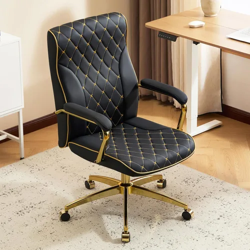Furniliving Silla de oficina negra y dorada, sillas de oficina de cuero, silla de tocador ajustable con patas doradas y reposabrazos acolchado,