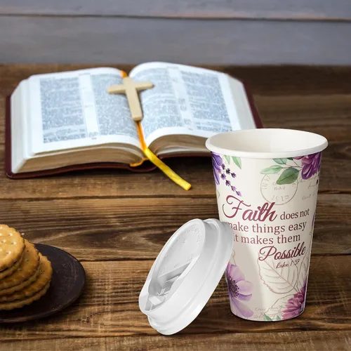 Miniatura 6 de Dandat 100 tazas de café desechables cristianas con tapas, tazas de papel de 16 onzas con texto en inglés "Floral Tea Scripture" a granel