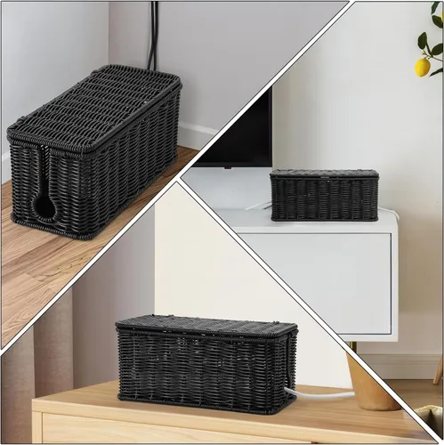 Miniatura 2 de Paquete de 2 cajas grandes de gestión de cables negras, organizador de cables de ratán de imitación tejido a mano, ocultador de cables, caja de Negro