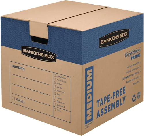 Bankers Box Caja de mudanza Medium Prime, paquete de 8 unidades, asas reforzadas, montaje sin cinta, tapa adjunta, 18 x 15 x 14 pulgadas (0062806)