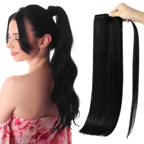 Miniatura 15 de Full Shine - Extensión de cola de caballo con clip, color marrón oscuro con mechas rubio miel, extensión de cabello humano real para mujeres, 14