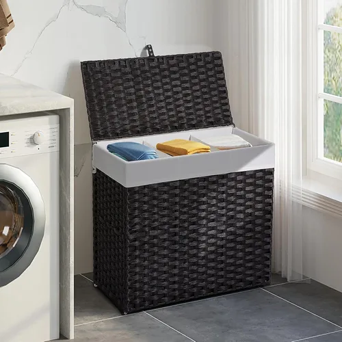 Miniatura 2 de Greenstell Cesta de ropa sucia con tapa, cesta grande de ropa de 125L con 3 secciones y bolsas de forro extraíbles de 2 secciones y 5 bolsas de Negro